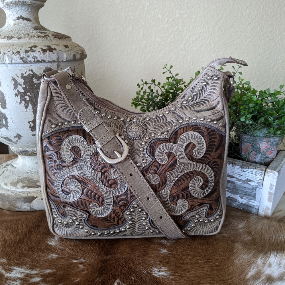 American West Tooled Leather Hobo Crossbody